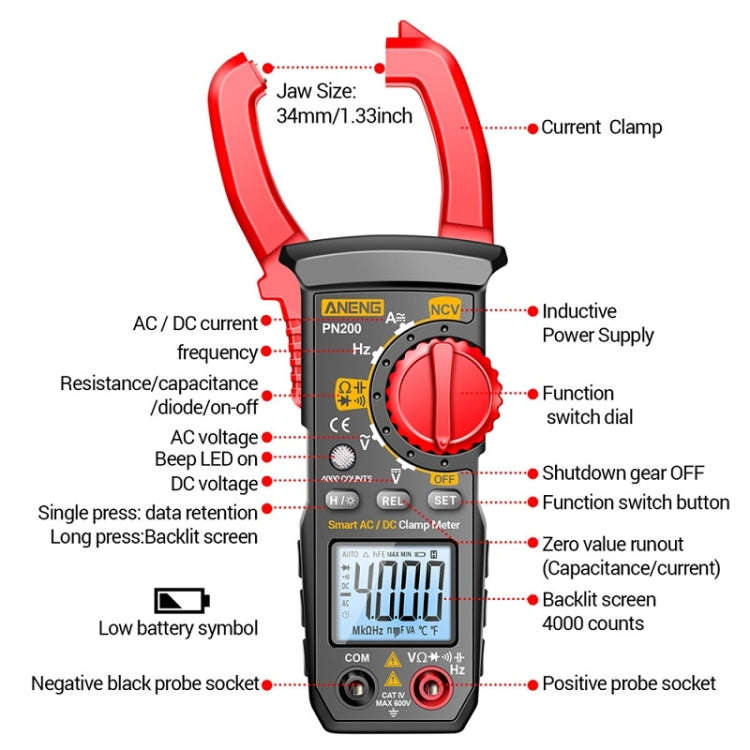 ANENG PN200 AC/DC Measurement High Precision Multifunctional Clamp Meter(Red)