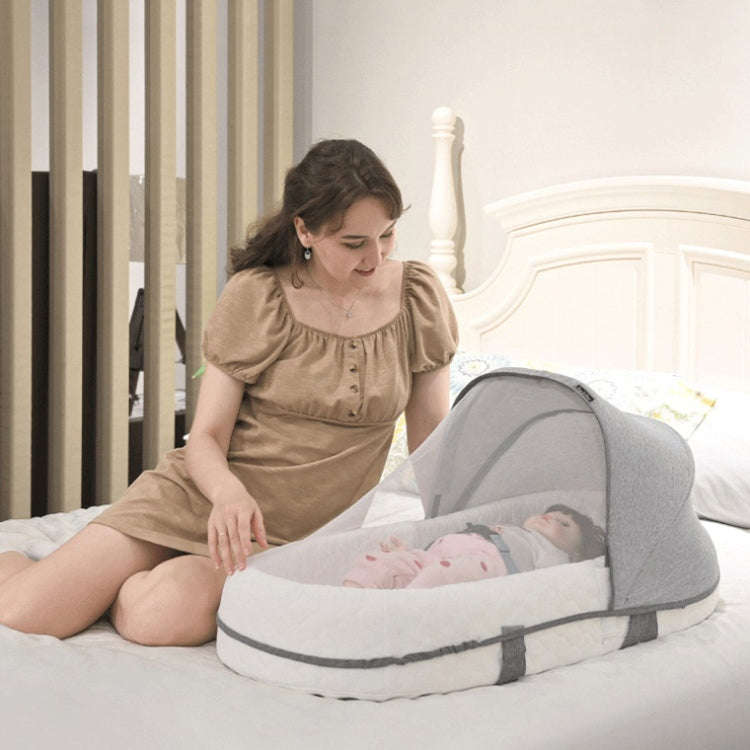 709 Portable Multifunctional Crib with Mosquito Net Folding Newborn Moveable Bed, Color: Gray White