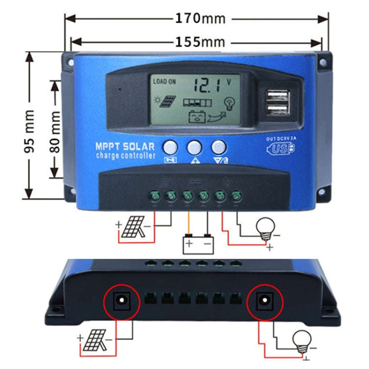 YCX-003 30-100A Solar Charging Controller with LED Screen & Dual USB Port Smart MPPT Charger, Mod...