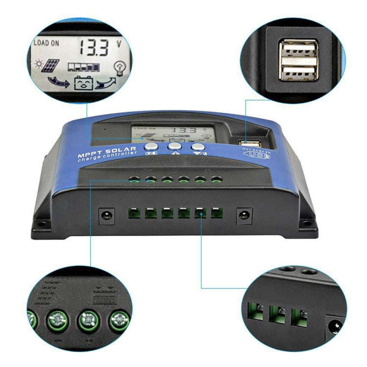 YCX-003 30-100A Solar Charging Controller with LED Screen & Dual USB Port Smart MPPT Charger, Mod...