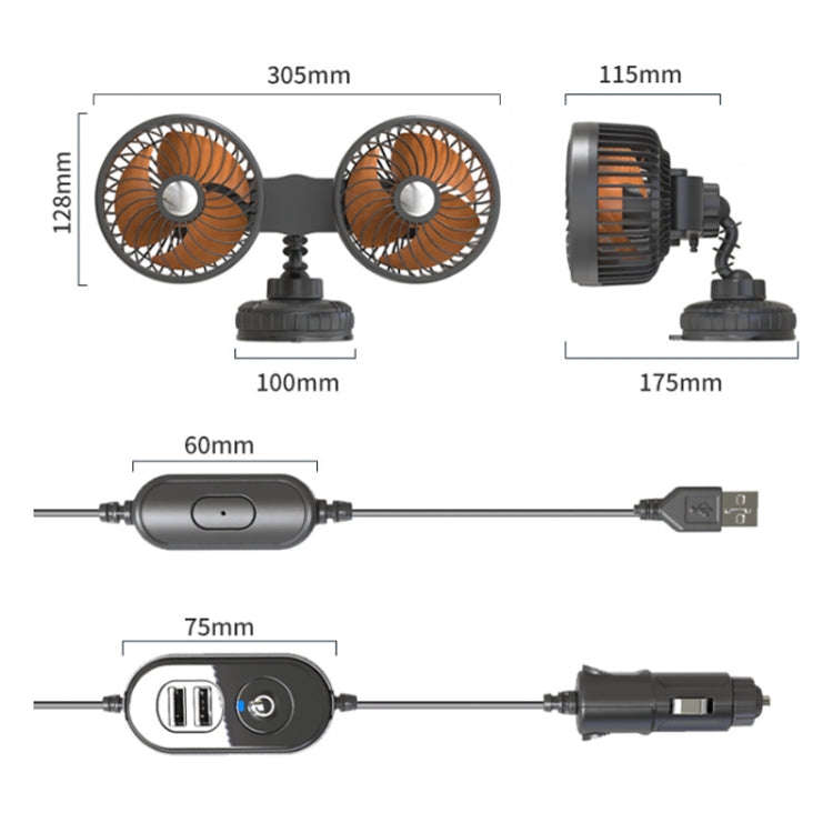 F6026 Large Suction Cup Vehicle-Mounted Double-Head Fan, Model: Cigarette Lighter with USB