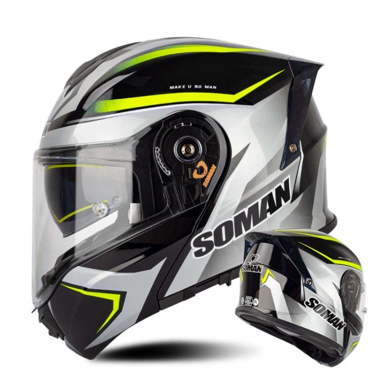 SOMAN Racing Motorcycle Double Lens Riding Safety Helmet, Size: L(Silver Gray Yellow Vision)