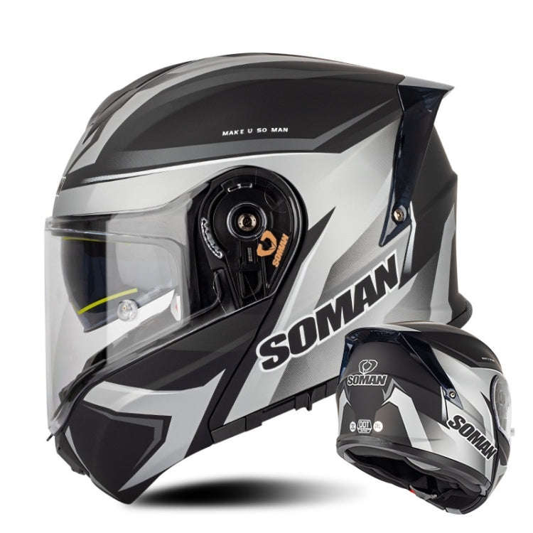 SOMAN Racing Motorcycle Double Lens Riding Safety Helmet, Size: L(Silver Gray Black Vision)