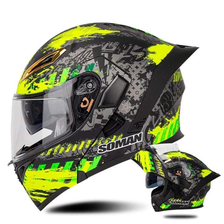 SOMAN Motorcycle Dual Lens Riding Peel-Off Full Coverage Helmet, Size: XL(Black Fluorescent Yello...