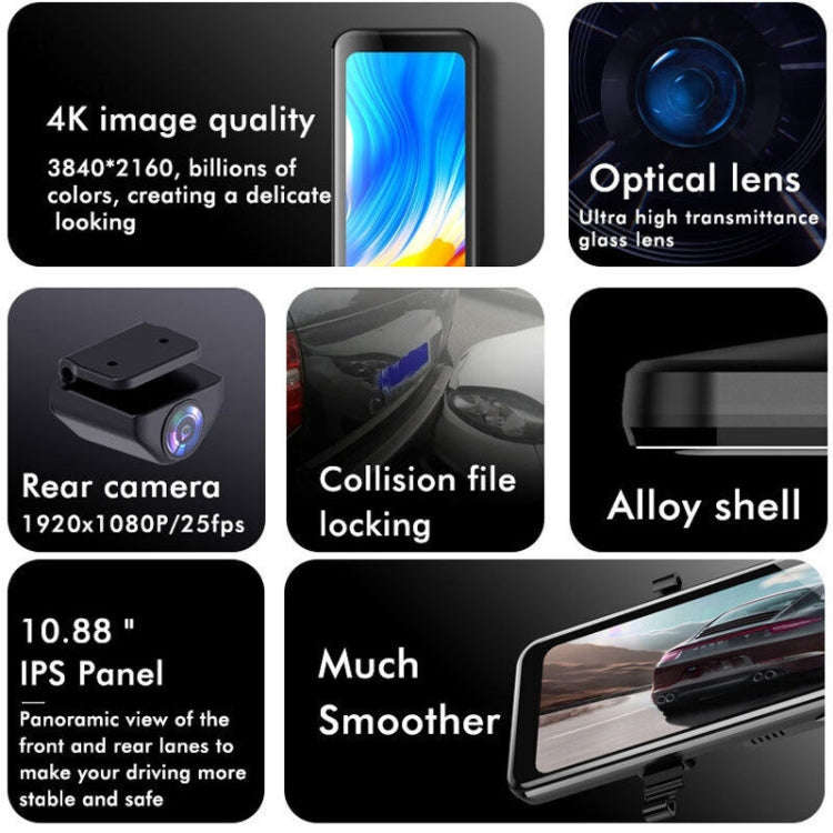 Anytek Q8 4K HD Large Screen Car Recorder Double Record Reversing Image Rear View Mirror Night Vi...