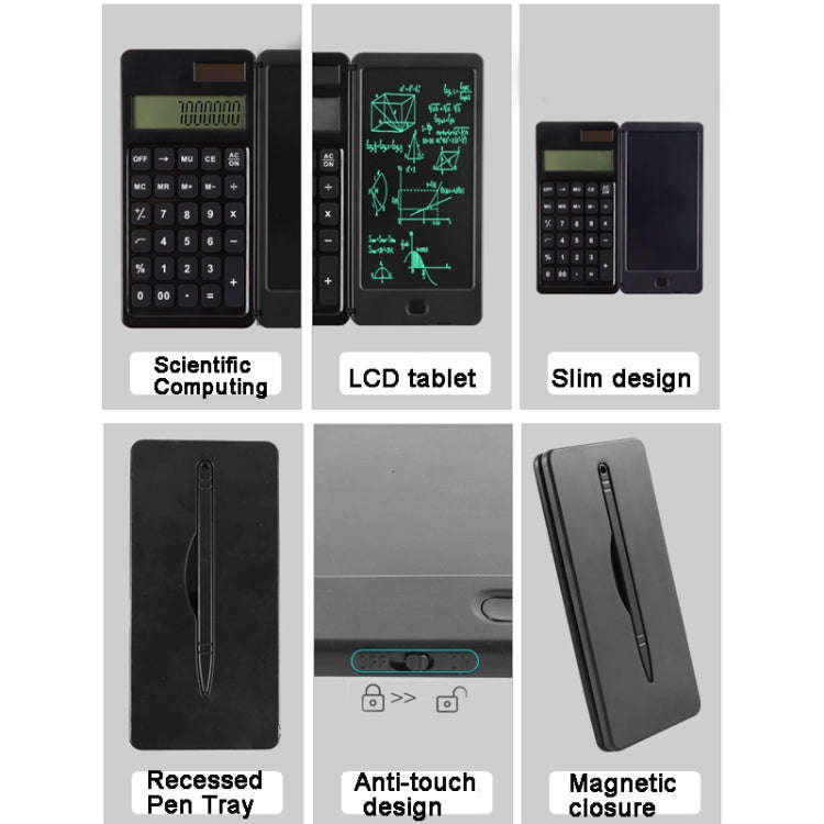Solar Calculator Handwriting Board Learning Office Portable Folding LCD Writing Board(Black)