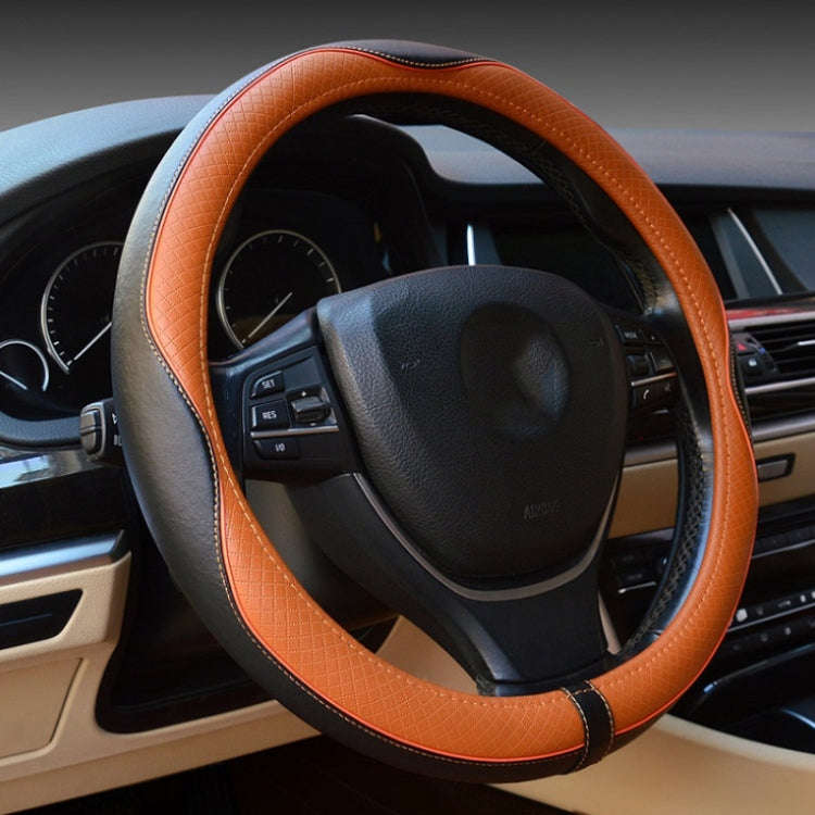 38cm Car Embossed Leather Steering Wheel Cover, Color: Black Light Coffee