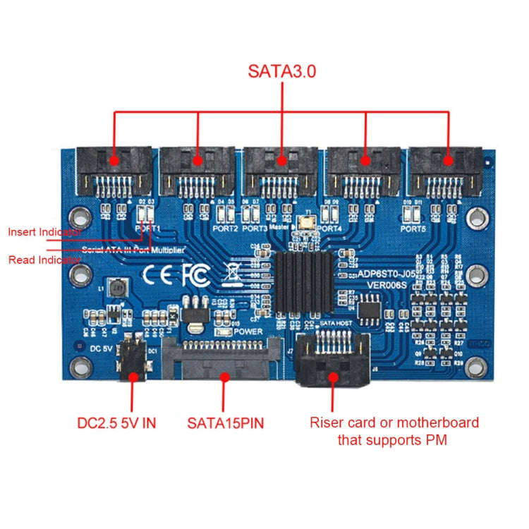 SATA3.0 6Gbps JMB575 Chip SATA Expansion Card 1 to 5 Port Riser Card