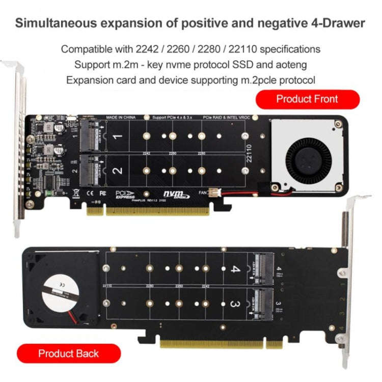 PCI-E X16 to M.2 M-key NVME X4 SSD RAID Array Expansion Adapter Support 2242/2260/2280/22110(PH44...