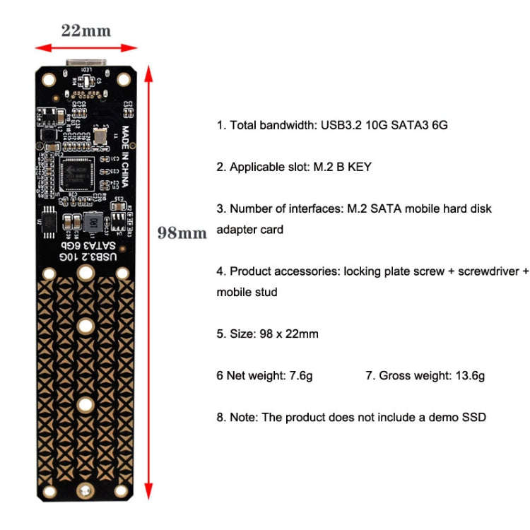 NGFF M.2 Bkey SATA Hard Disk SSD To USB3.1 Type-C / USB-C Expansion Card Conversion Board(Black)