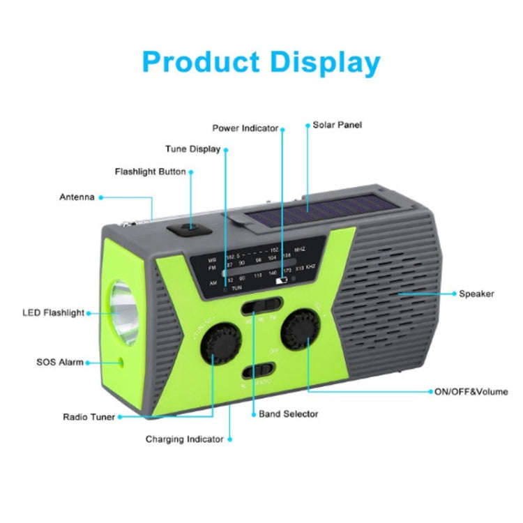 AM/FM/NoAA 2000mAh Emergency Radio Portable Hand Crank Solar Powered Radio(Green)