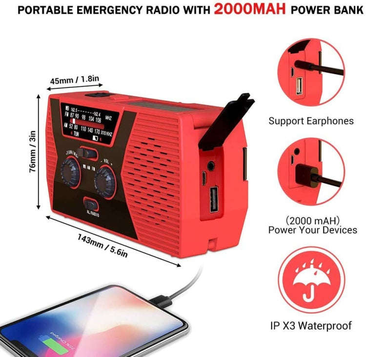 AM/FM/NoAA 2000mAh Emergency Radio Portable Hand Crank Solar Powered Radio(Green)