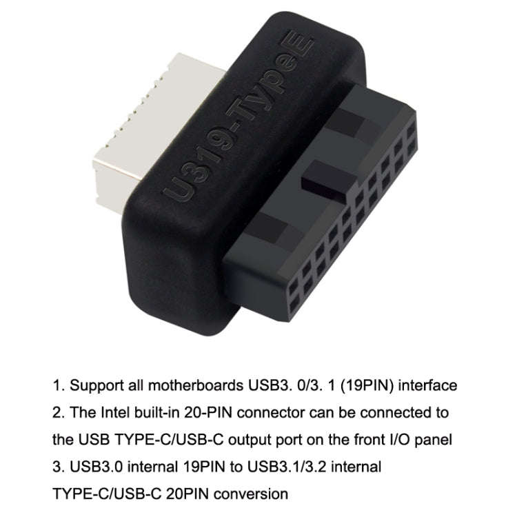 2pcs Mainboard USB3 19P/20P to TYPE-E Adapter Chassis Front TYPE-C/USB-C Plug Port(Black)
