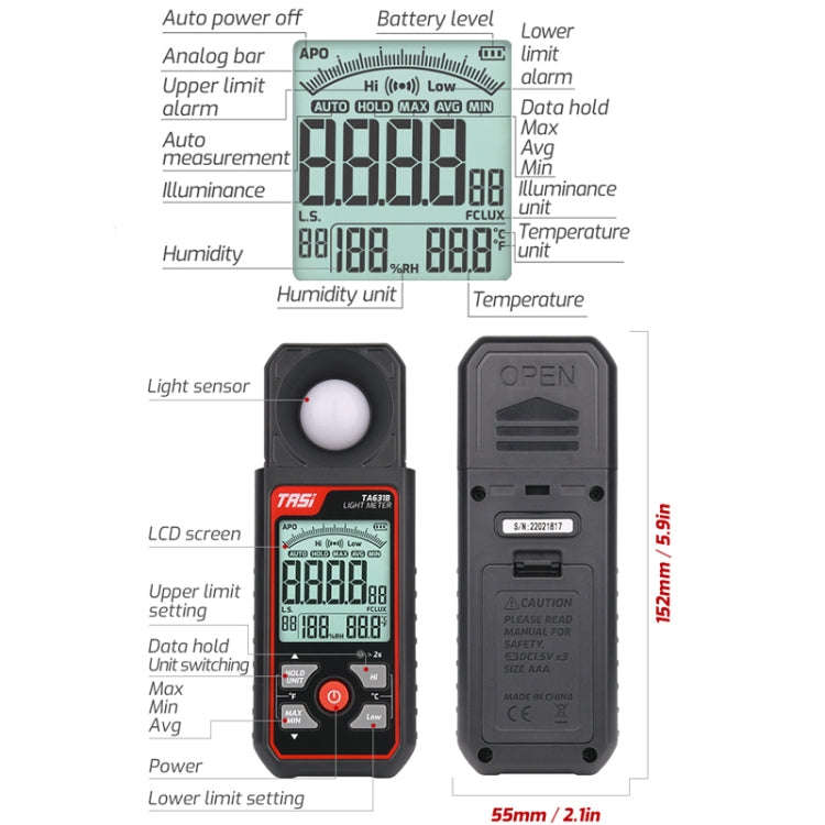 TASI TA631A 200,000 LUX Illuminating Meter Bright Test Instrument Brightness Light Meter