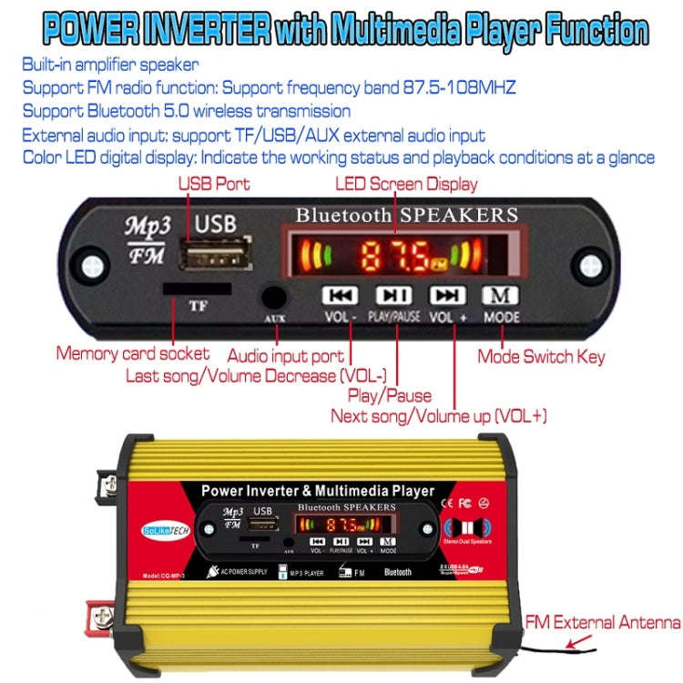 SOLIKE TECH 300W Modified Sine Wave Inverter with Bluetooth MP3/FM Multimedia Player 12V to 220V