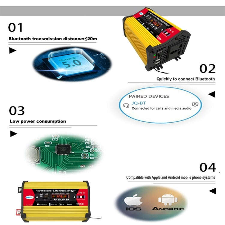 SOLIKE TECH 300W Modified Sine Wave Inverter with Bluetooth MP3/FM Multimedia Player 12V to 220V