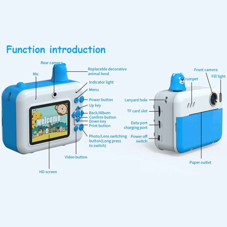 IPS 2.36 inch LED HD Display 1080P Childrens Camera Thermal Printing Instant Camera(Sky Blue)