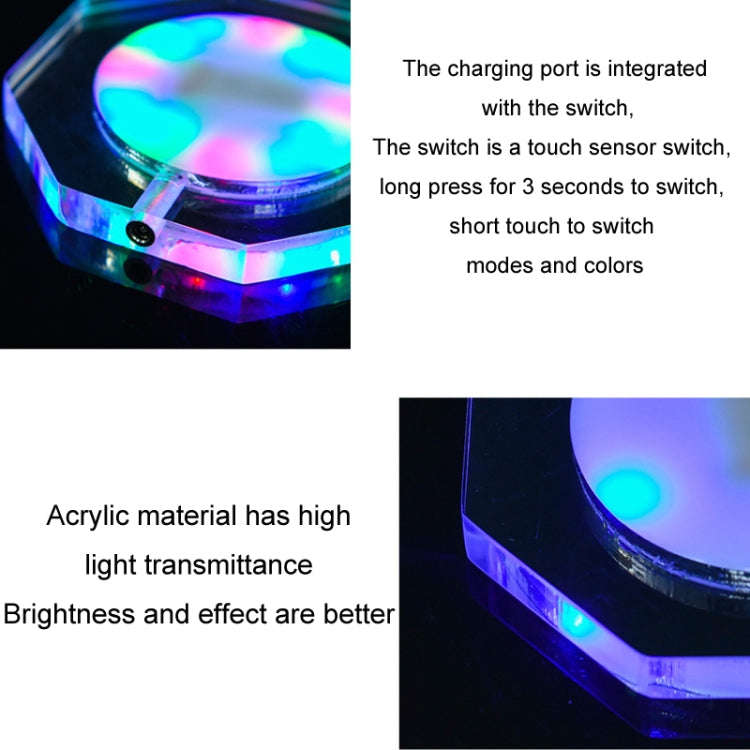 100x10mm Octagonal USB Charging LED Light Up Acrylic Coaster Transparent Crystal Base(White Light)