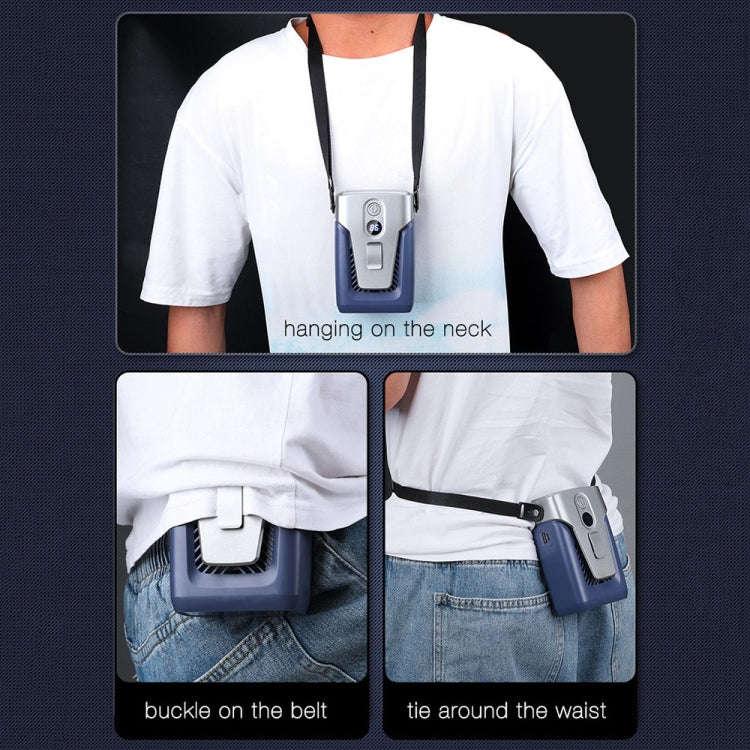 Outdoor Portable Waist High Wind Leafless Hanging Neck Fan With Power Function(Time Wind Blue)