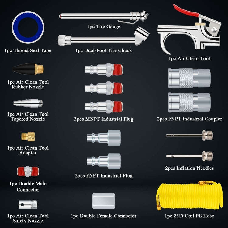 20 In 1 Air Compressor Kit 1/4 Inch NPT Air Tool Kit With 7.5m Coil Nylon Hose