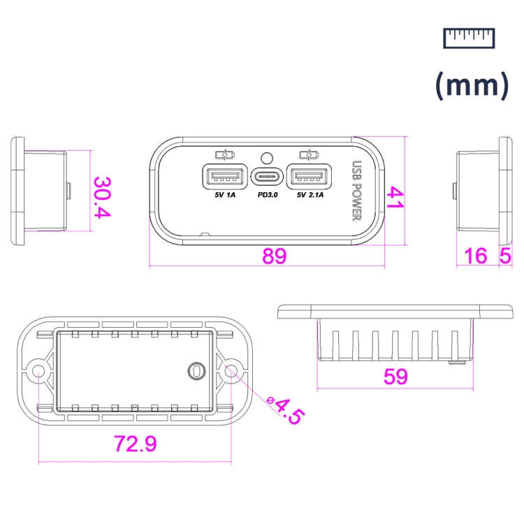 12/24V USB+Type-C Car, RV, Boat Mobile Phone Charger Modification(Black 2.1A+1A+PD3.0)