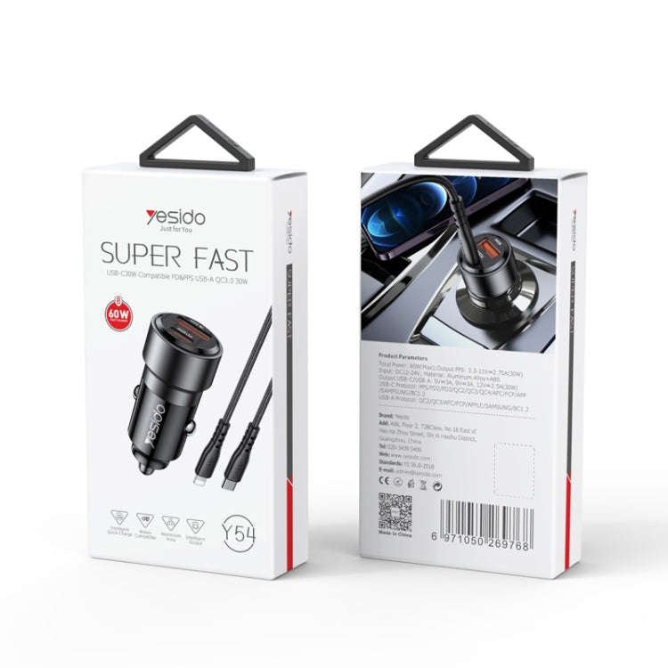Yesido Y54 With 8 Pin To Type-C/USB-C Line Car Charger QC3.0+PD30W Type-C/USB-C+USB Dual Port Qui...