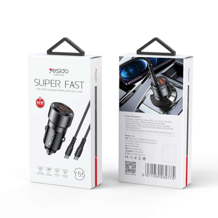 Yesido Y55 With Double Type-C/USB-C Port Line Car Charger QC3.0+PD30W Type-C/USB-C+USB Dual Port ...