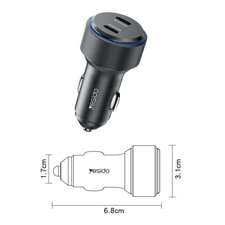 Yesido Y48  60W Car Fast Charger Aluminum Aluminum Double Type-C/USB-C Port Car Charger(Black)