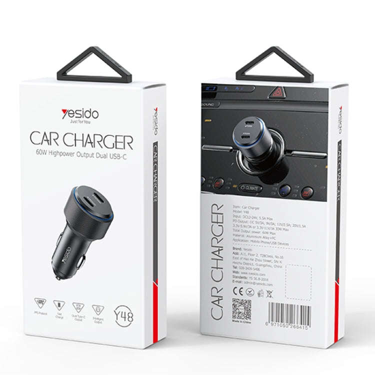 Yesido Y48  60W Car Fast Charger Aluminum Aluminum Double Type-C/USB-C Port Car Charger(Black)