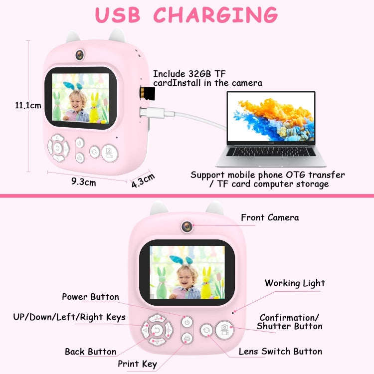 1200W Pixel  2.4 Inch Display Children Print Instant Camera 32G+Card Reader Blue