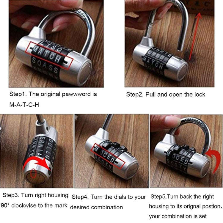 Medium 5-Digit Alphabet Wheel Combination Lock Closet Door Padlock(Silver)