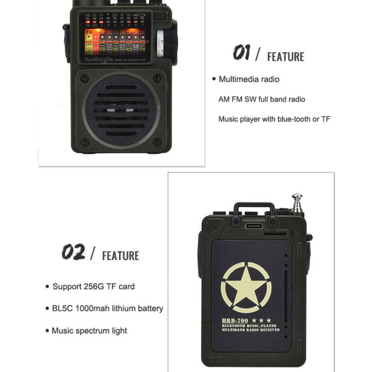 HanRongda HRD-700 Full Band Bluetooth MP3 Play Radio Station Memory Mechanical Tuning Radio(Green)