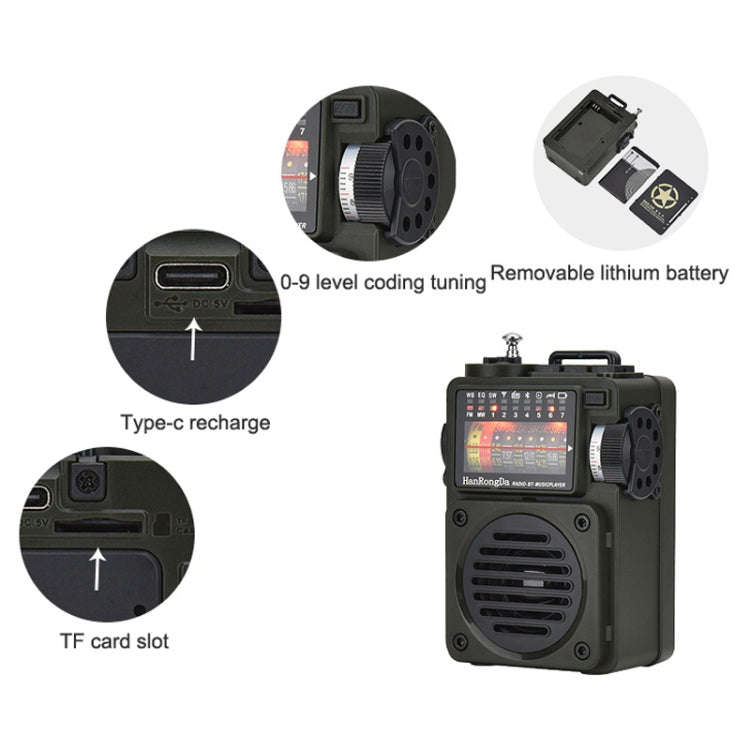 HanRongda HRD-700 Full Band Bluetooth MP3 Play Radio Station Memory Mechanical Tuning Radio(Green)