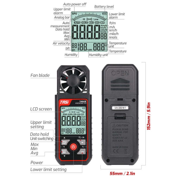 TASI TA641B High Precision Wind Speed Instrument Wind Volume Tester Handheld Wind Speed Meter