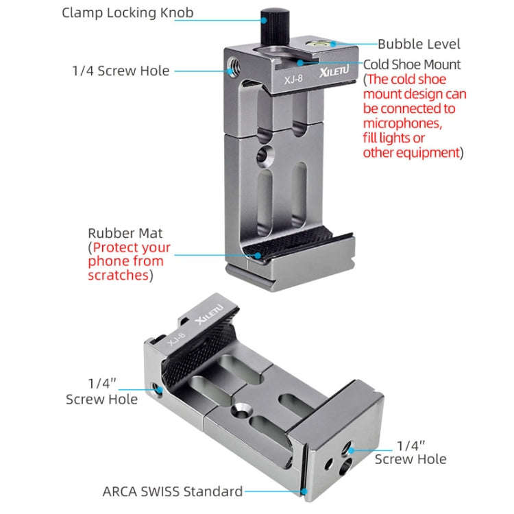 XILETU XJ-8 Aluminum Alloy Camera Head Tripod Mobile Phone Clip(Titanium)