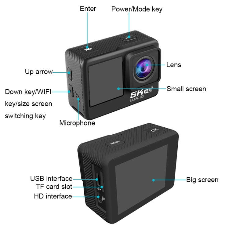5K/30FPS WIFI HD Anti-Shake Remote Touch Dual-Screen IP68 Waterproof Sports Camera, Style: Camera...