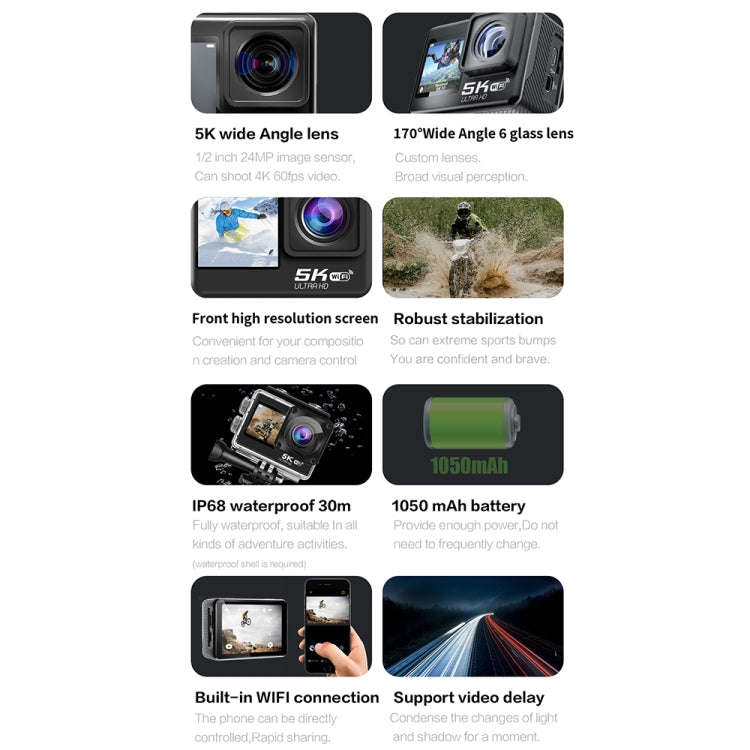 5K/30FPS WIFI HD Anti-Shake Remote Touch Dual-Screen IP68 Waterproof Sports Camera, Style: Camera...