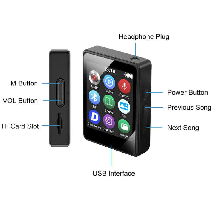 MP3 Music Player Bluetooth 5.0 Ebook Recorder MP4 Walkman Without Memory Card(Black)