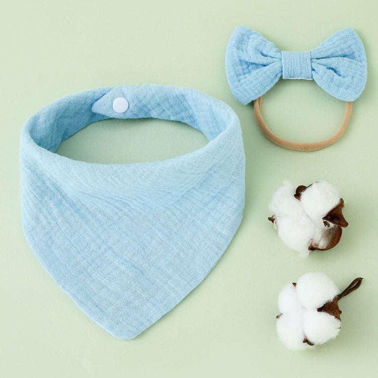 Baby Cotton Gauze Drool Towel + Bow Hairband Set Baby Bibs(Sky Blue)