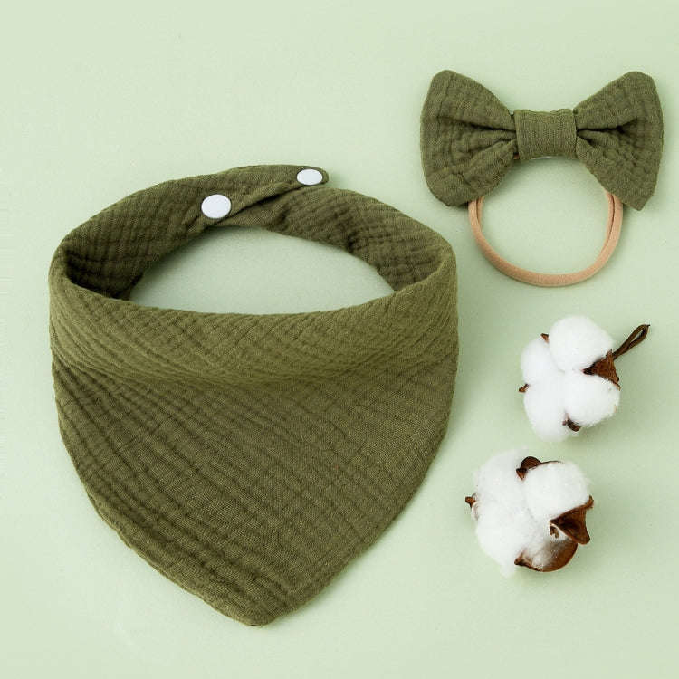 Baby Cotton Gauze Drool Towel + Bow Hairband Set Baby Bibs(Green)