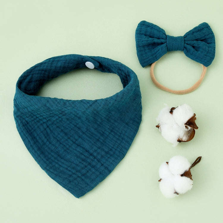 Baby Cotton Gauze Drool Towel + Bow Hairband Set Baby Bibs(Peacock Blue)
