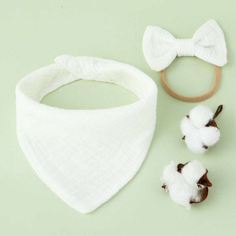 Baby Cotton Gauze Drool Towel + Bow Hairband Set Baby Bibs(White)