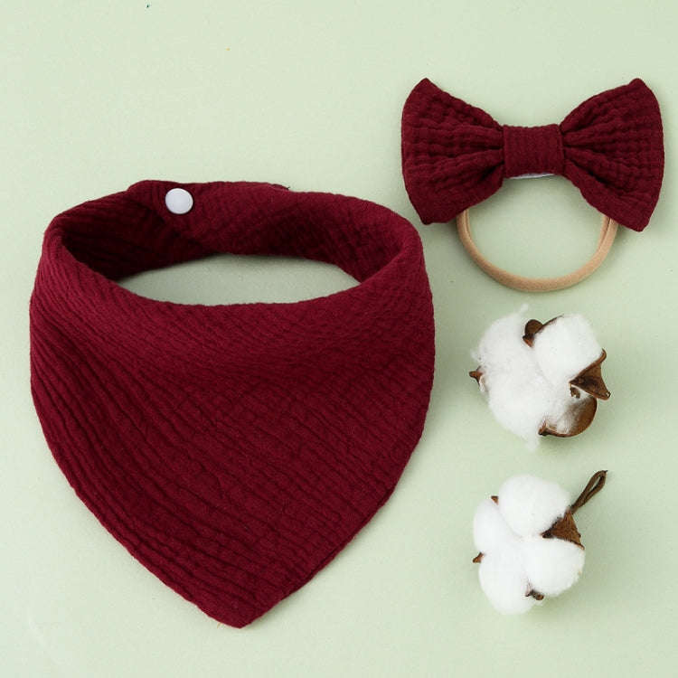 Baby Cotton Gauze Drool Towel + Bow Hairband Set Baby Bibs(Wine Red)