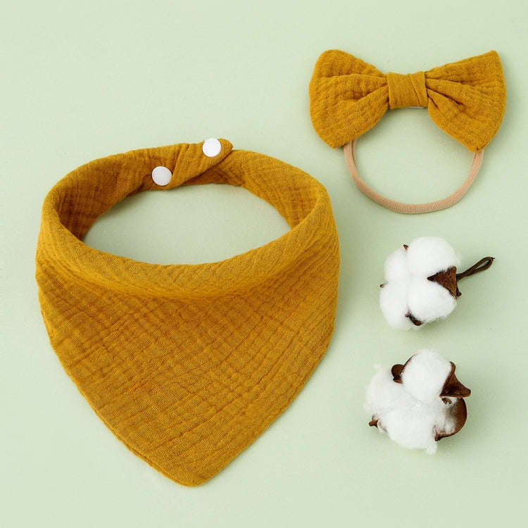 Baby Cotton Gauze Drool Towel + Bow Hairband Set Baby Bibs(Yellow)