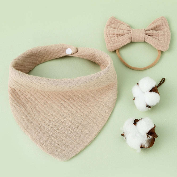 Baby Cotton Gauze Drool Towel + Bow Hairband Set Baby Bibs(Khakiqi)
