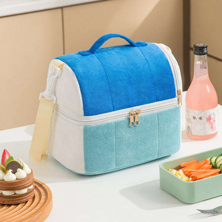 Flannel Toast Bag Double Layer Insulation Lunch Storage Bag Shoulder Bag(Royal Blue)