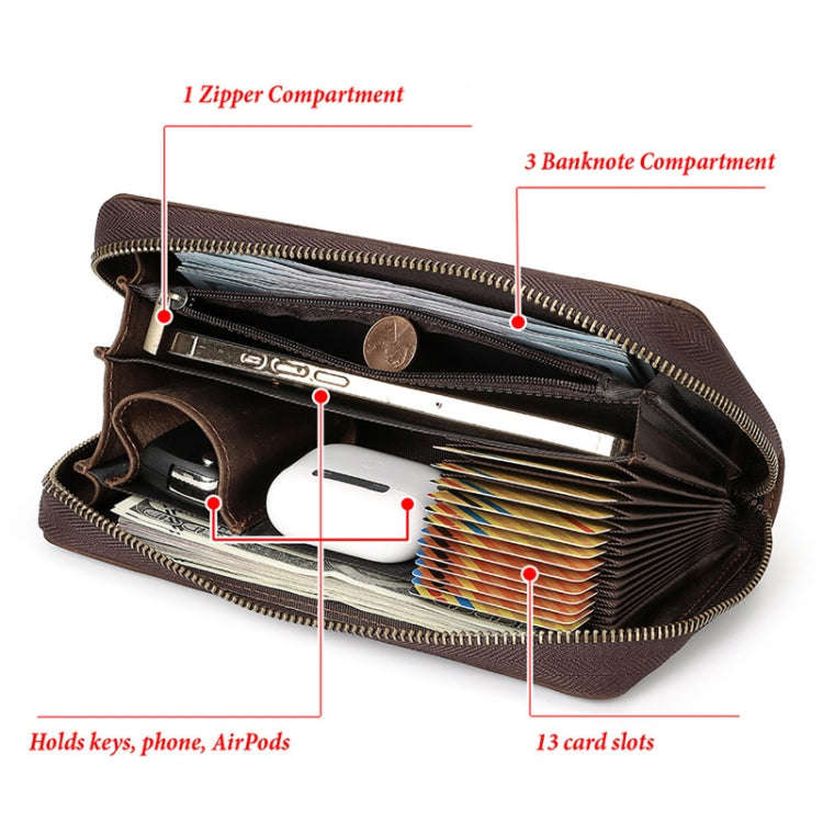 HUMERPAUL RFID Retro Zipper Multi -Card Leather Men Long Wallet Handbag(Coffee)
