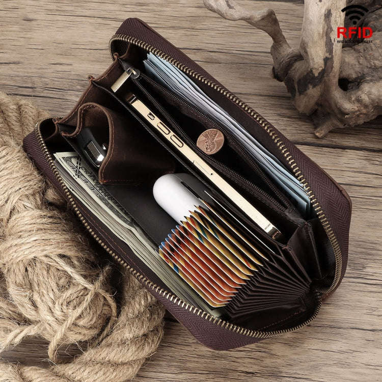 HUMERPAUL RFID Retro Zipper Multi -Card Leather Men Long Wallet Handbag(Coffee)