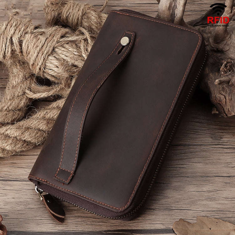 HUMERPAUL RFID Retro Zipper Multi -Card Leather Men Long Wallet Handbag(Coffee)