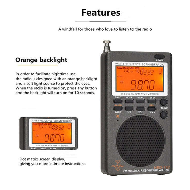 HanRongda HRD-747 Portable Full Band Digital Display High-Frequency Receiving Radio(Silver Gray)
